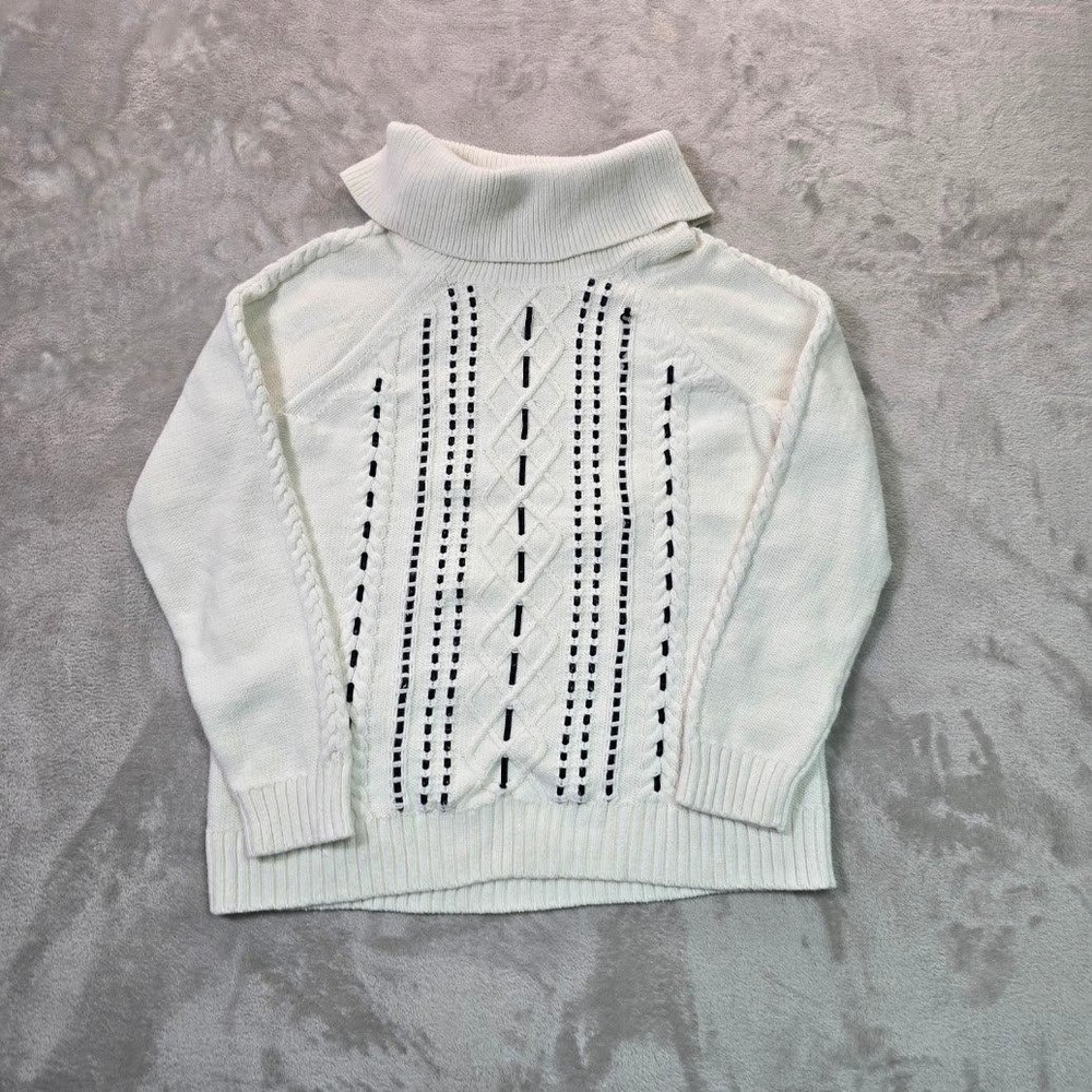 Talbots Petites Ivory Cable Knit Turtleneck Sweater Embroidered White MP